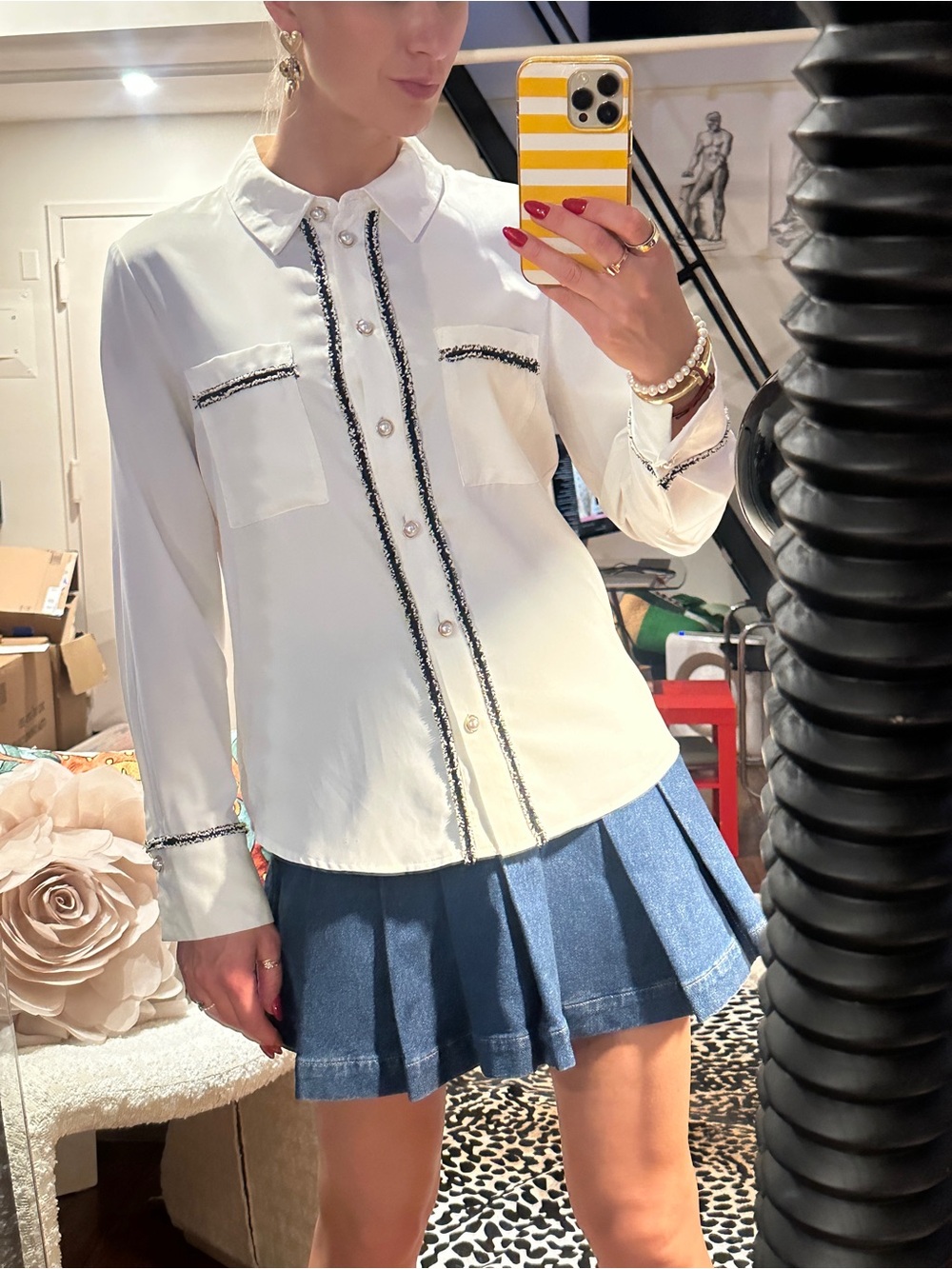 Classic White Button-Down Shirt with Black Trim - Women's